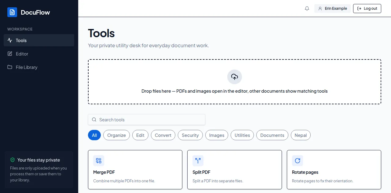 The DocuFlow Tools page: search box, category tabs and a grid of tool cards
