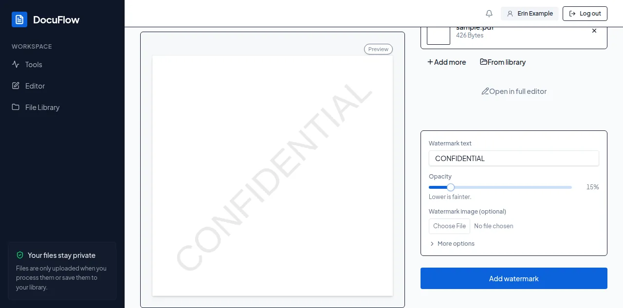 Watermark text drawn over the page in the live preview, before anything is run
