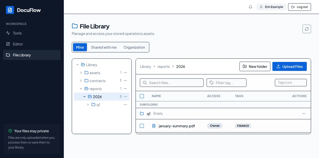 Folders listed on the left, with the open folder's subfolders and files in the table