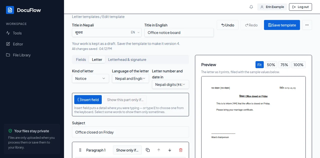 The template builder: Undo, Redo and Save template at the top, "All changes saved" under the title, the Letter tab on one side and the preview with its Zoom buttons on the other