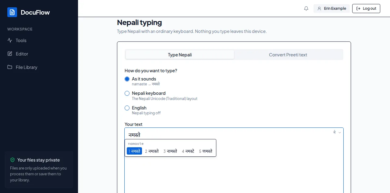 The Nepali typing page: namaste typed as it sounds, showing नमस्ते and the suggestions under the line